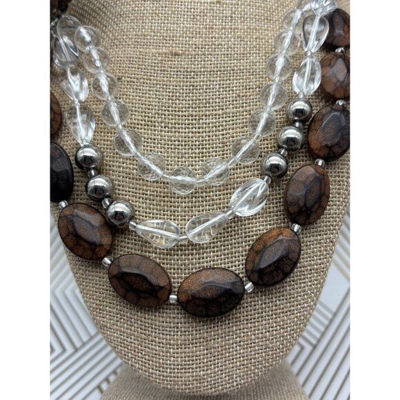 Silver Tone & Brown Bead Collar Statement Necklace Multi Strand Flower Boho - Picture 3 of 10
